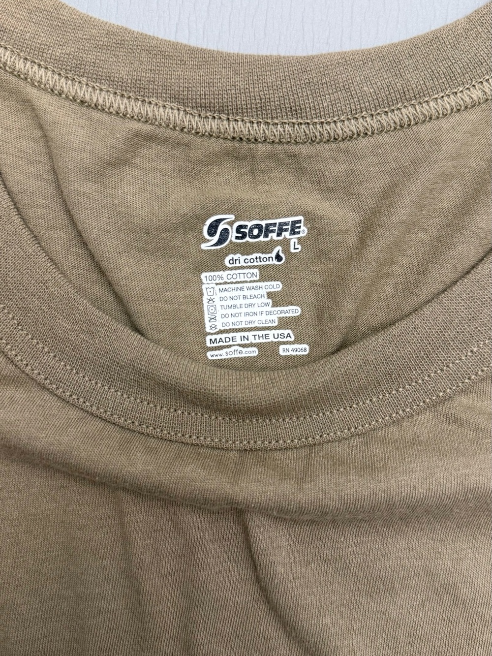 Soffe Dri Cotton Tan T-Shirt Men’s Large 100% Cotton Made in USA Casual Tee - Picture 8 of 11
